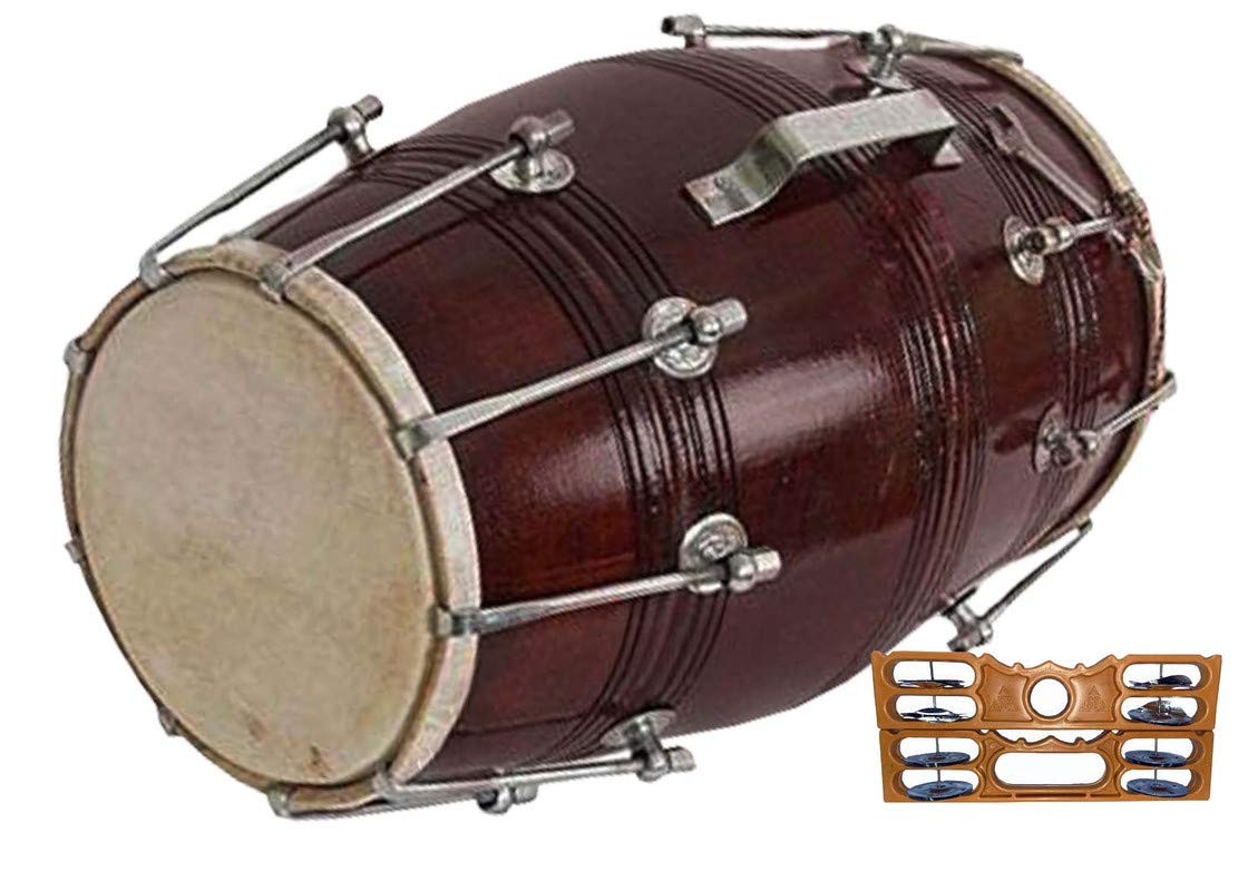 Gt Manufacturers Wooden Nut & Bold Goat Skin Dholak With Khartak & Beautiful Shiny Colour01 (Brown)