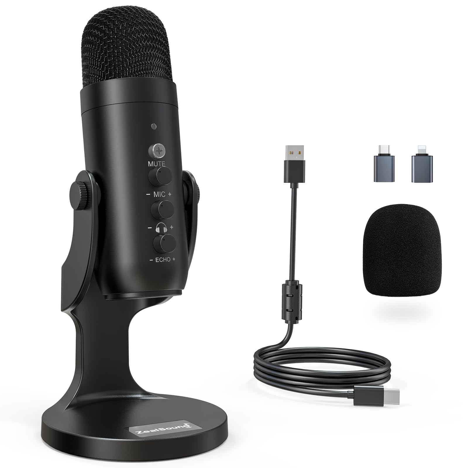 ZealSound Podcast Microphone for PC, Noise Cancellation USB Mic with Gain, Volume Adjustment & Mute Button, Monitoring & Echo, f