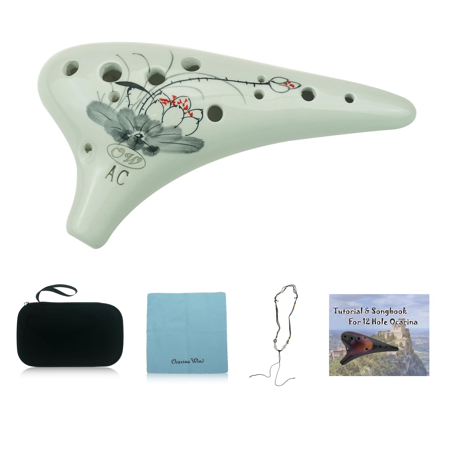 OcarinaWind Hand Painting 12 Hole Ocarina, Alto C Ocarina,Ceramic 12 Hole Ocarina (Hand Painting Lotus), Gift Idea