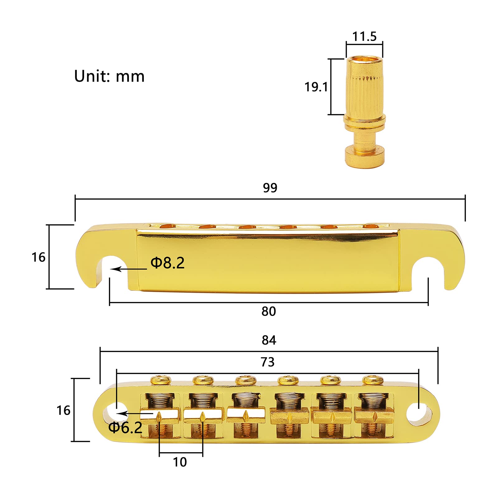 Unxuey Tune-O-Matic Bridge Tailpiece with Studs Roller Saddle Bridge for SG Les Paul LP Style Guitar, Gold