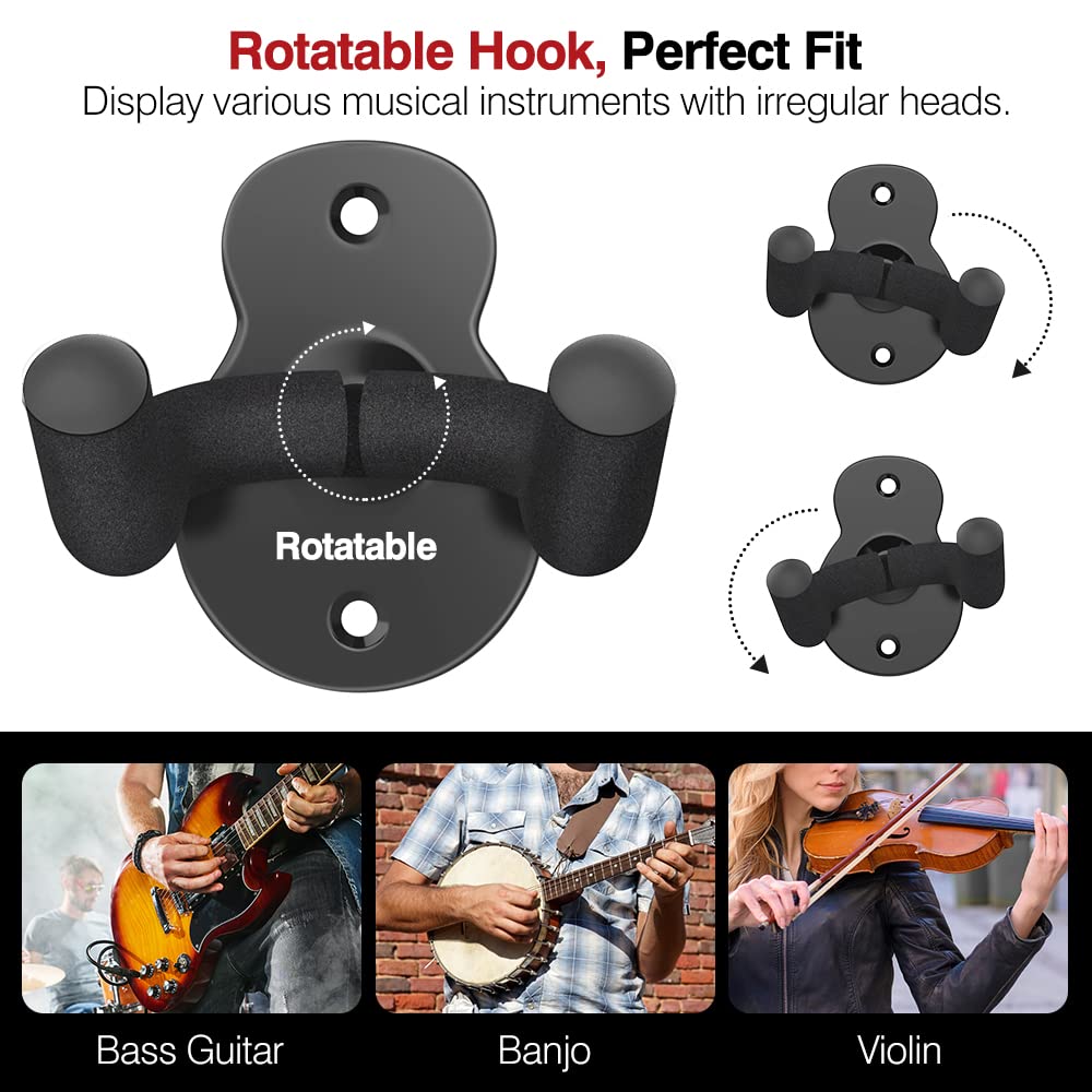 MoKo Guitar Wall Mount Hanger 4-Pack, Universal Wall Hook Holder for Bass, Electric, Acoustic Guitar, Ukulele - Black