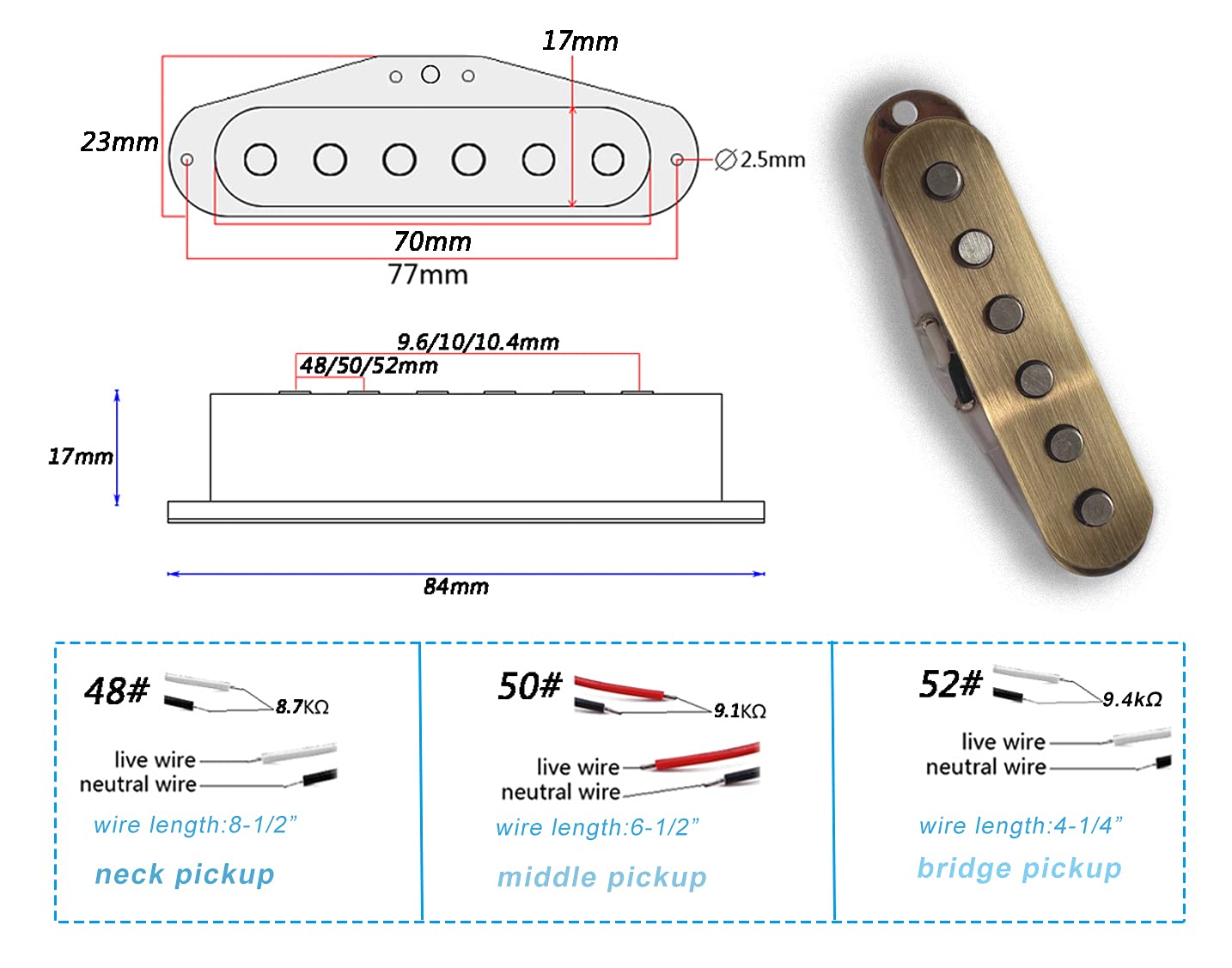 LAMSAM Electric Guitar Pickup Set, High Output Single Coil Pick-up Loaded Alnico 5 Magnets Clear Bobbins Removable Cover, Bridge
