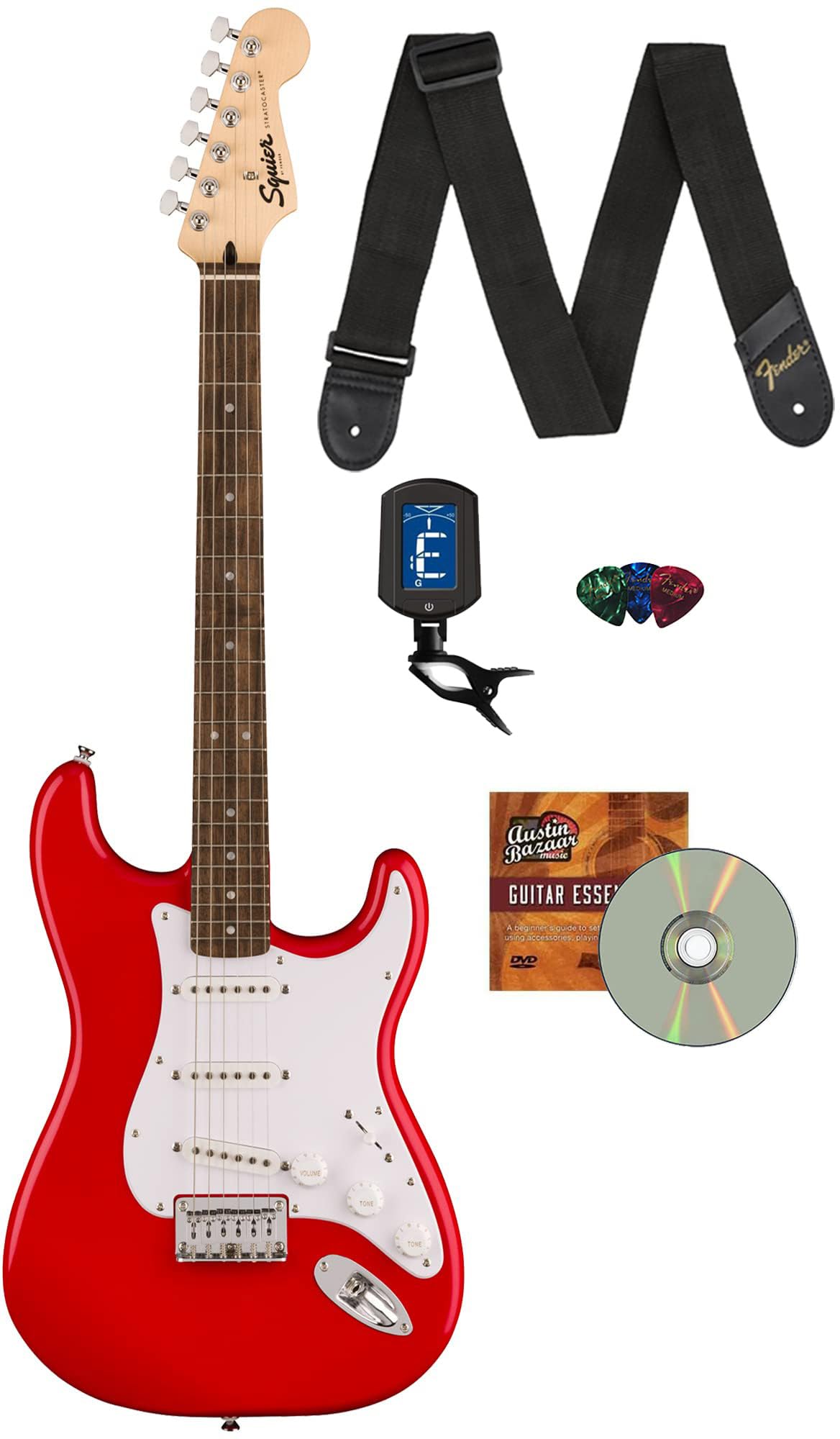 Fender Squier Sonic Stratocaster Ht - Torino Red Bundle With Tuner, Strap, Picks, And Austin Bazaar Guitar Dvd