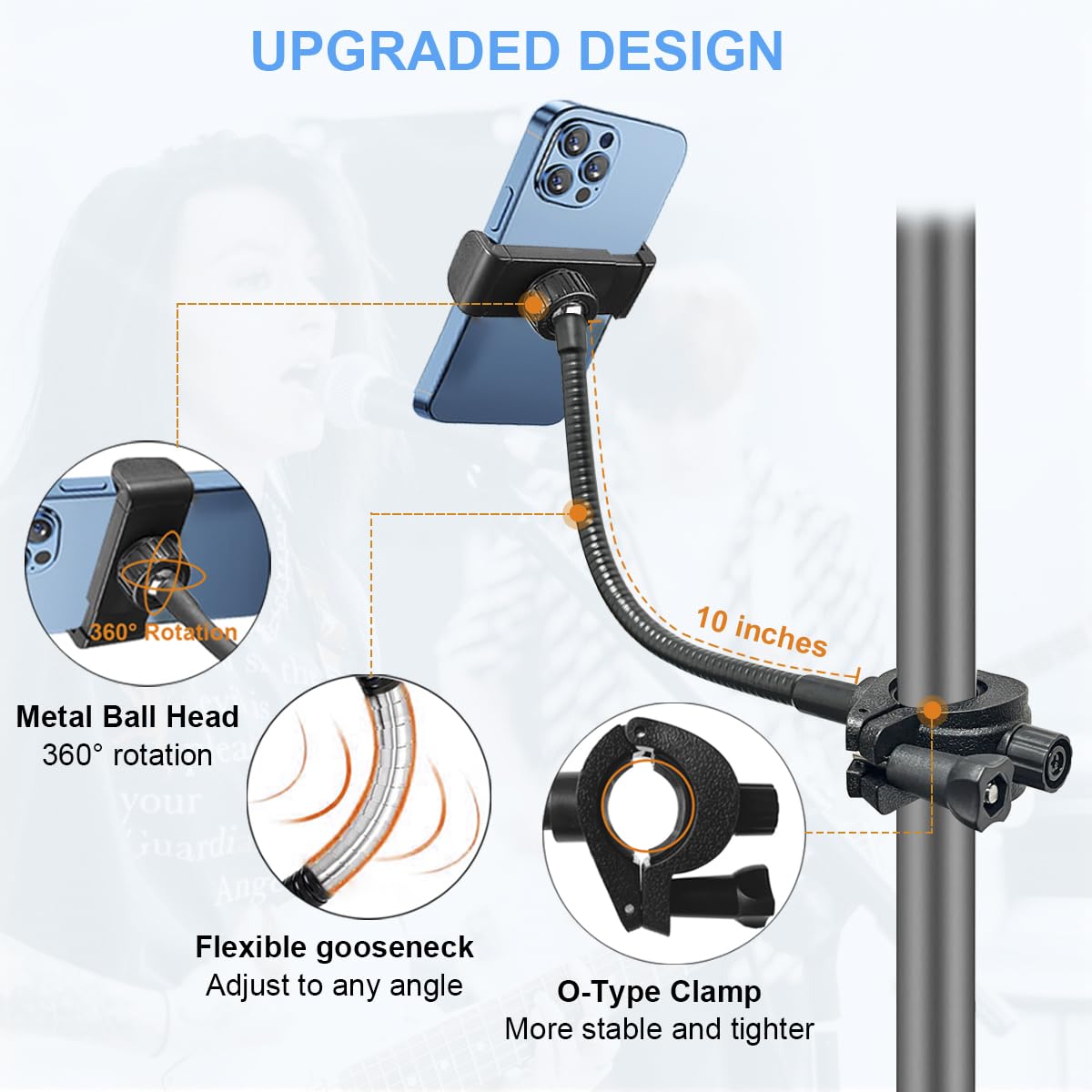 Phone Holder for Mic Stand, JCWINY Mic Stand Phone Holders [10'' Long Flexible Gooseneck Arm] Cell Phone Holder for Microphone S