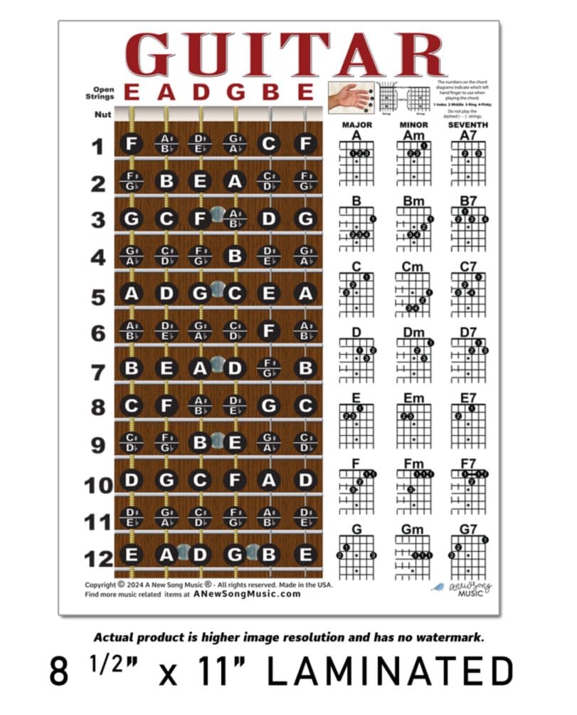 Laminated Guitar Fretboard & Chord Chart - Easy Instructional Poster for Beginner 8.5 ''x11 '' | A New Song Music