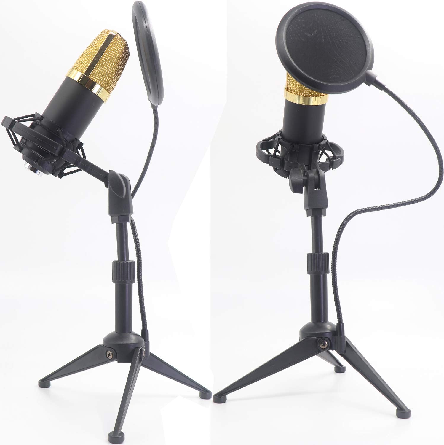 Desktop Microphone Tripod Suspension Stand with Shock Mount Anti-Vibration Mic Holder and 4'' Round Mask Shield Double-Net Wind