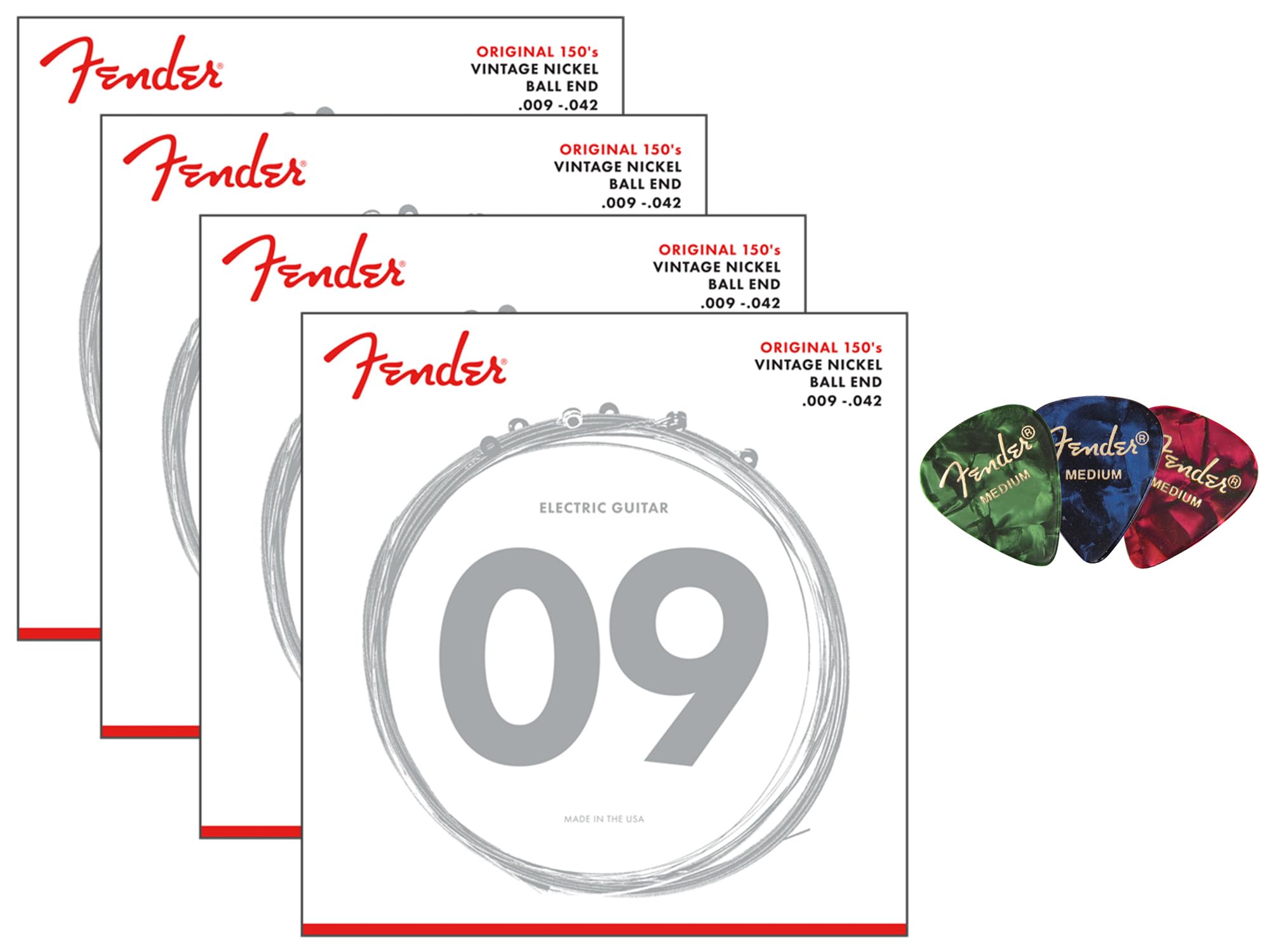 Fender Original 150 Pure Nickel Electric Guitar Strings Wound, Ball End - Light .009-.042 4-Pack Bundle with 3-Pack Picks