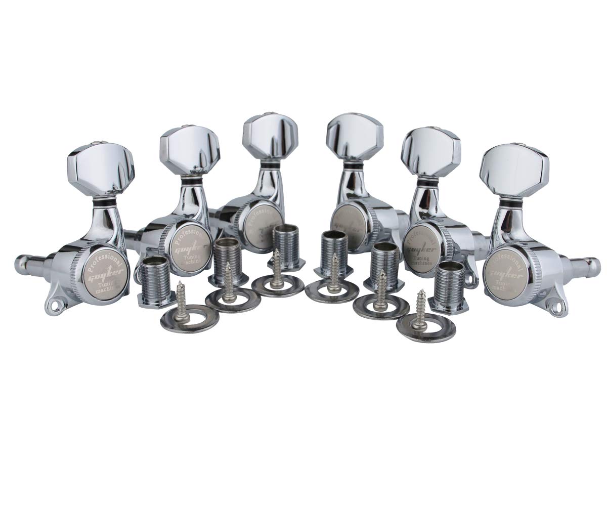 Guyker Guitar Locking Tuners (3L + 3R Handed) - 1:18 Ratio Lock String Tuning Key Pegs Machine Heads With Hexagonal Handle Repla