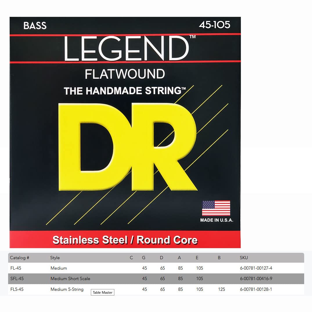 DR Strings Legend- Polished Flatwound Stainless Steel Bass Strings: Medium 45-105