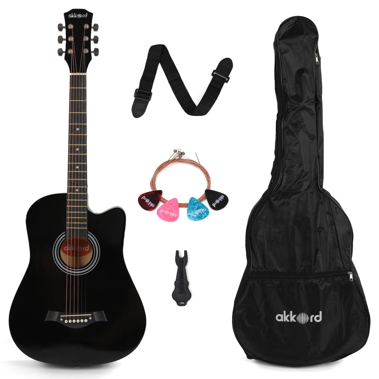 Akkord 38 Inch Acoustic Cutaway Guitar Kit With Dual Action Truss Rod, Gigbag, String Set, Picks And Strap- Black