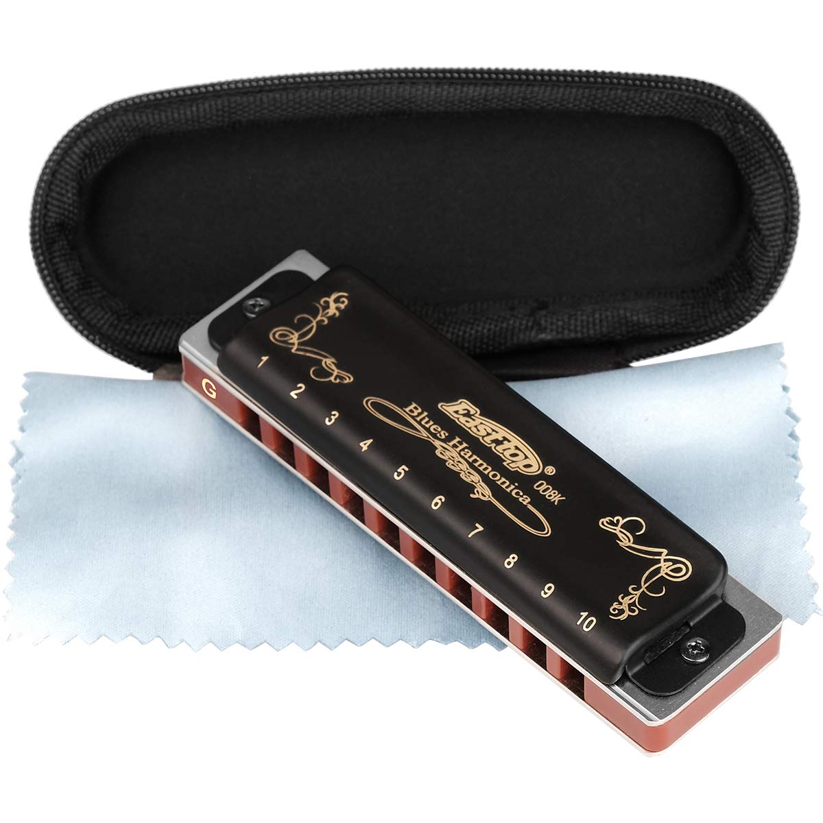 Easttop Professional Harmonica Blues Key of G 10 Hole 20 Tone Heavy Duty with Case & Cleaning Cloth for Professional Player,Begi