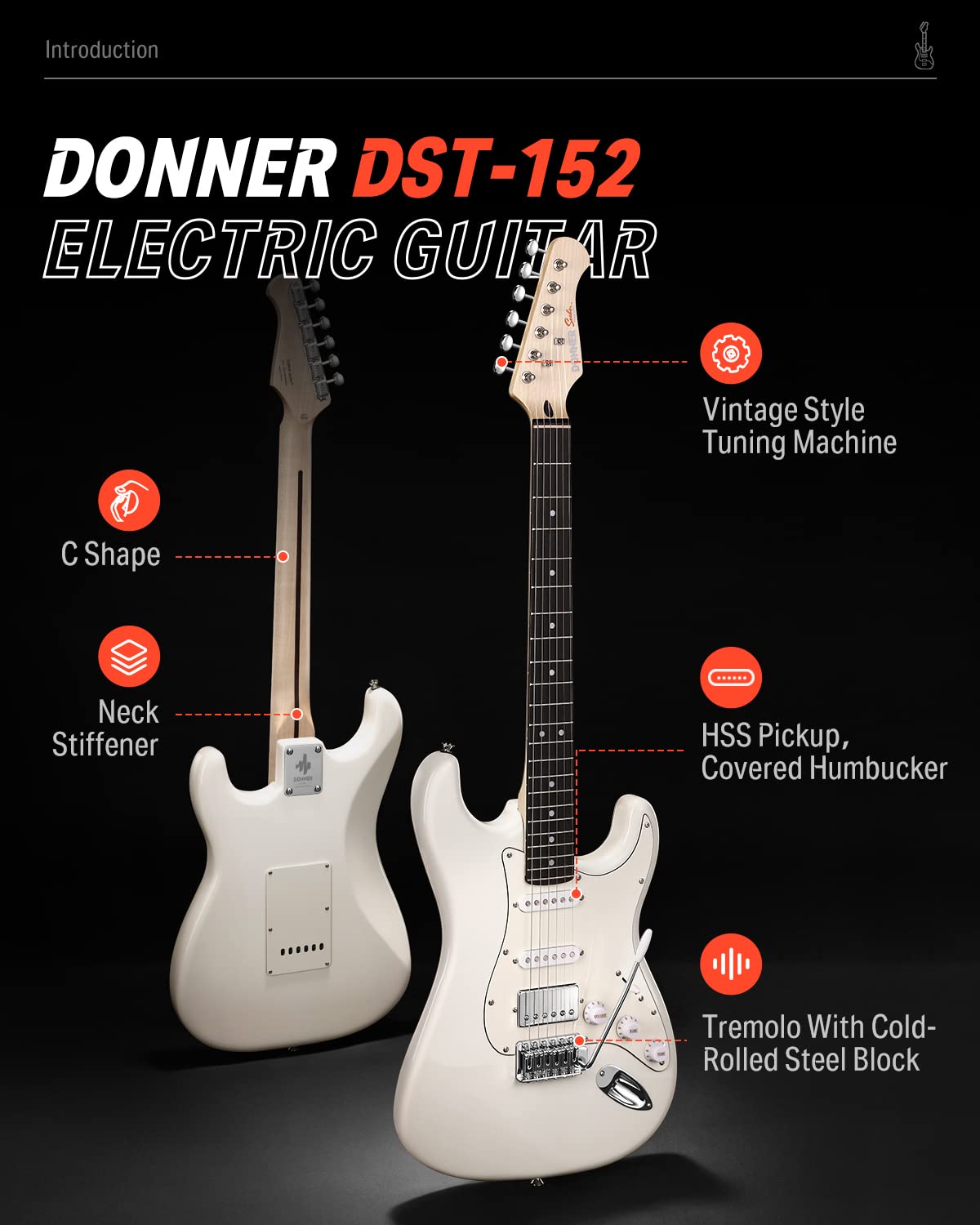 Donner Electric Guitar, DST-152 39'' Electric Guitar Starter Kit HSS Pickup Coil Split, with Amp, Bag, Accessories, Polar White