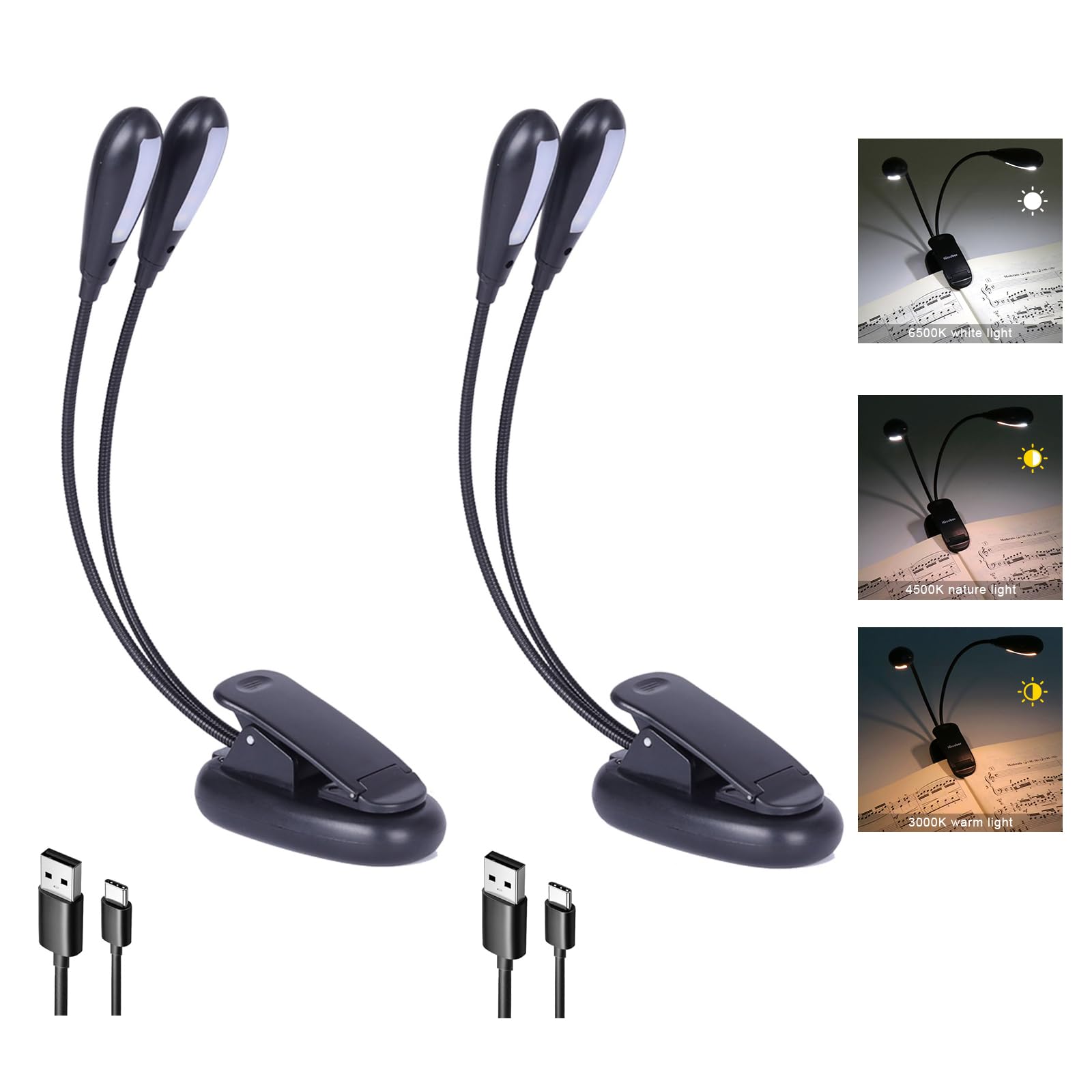 iGoober 2 Pack Rechargeable Music Stand Light, Clip on Reading Light, 8 LED Book Lamp, 3-Level Brightness for Eye Protection, Pe