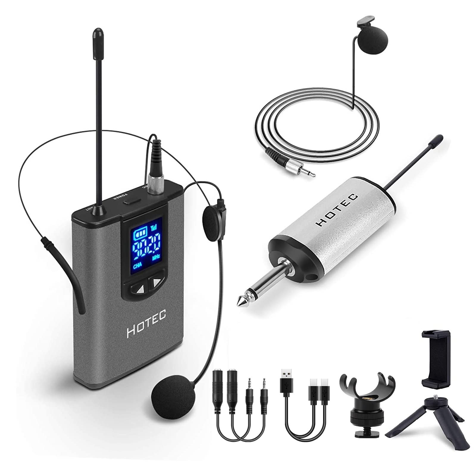 HOTEC UHF Wireless Headset Microphone/Lavalier Lapel Mic with Bodypack Transmitter and Mini Rechargeable Receiver 1/4 Output for
