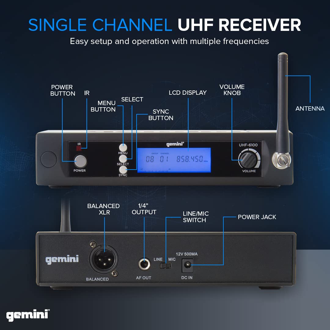 Gemini Sound UHF-6100M Wireless Mic System - UHF Receiver with 256 Selectable Frequencies, Handheld Mic, 240ft Range, LCD Displa