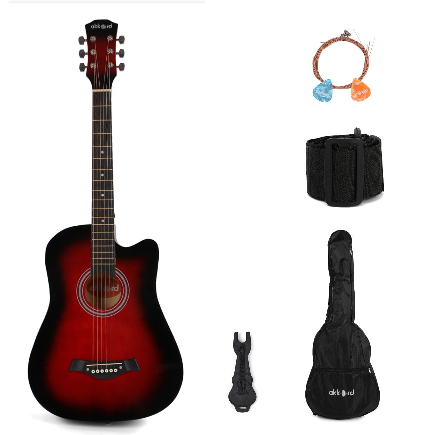 Akkord 38 Inch Acoustic Cutaway Guitar Kit,With Gigbag, Strings, Picks, Strap And Key, Glossy Red