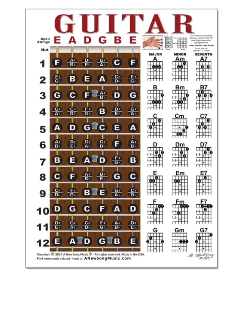 Laminated Guitar Fretboard & Chord Chart - Easy Instructional Poster for Beginner 8.5 ''x11 '' | A New Song Music