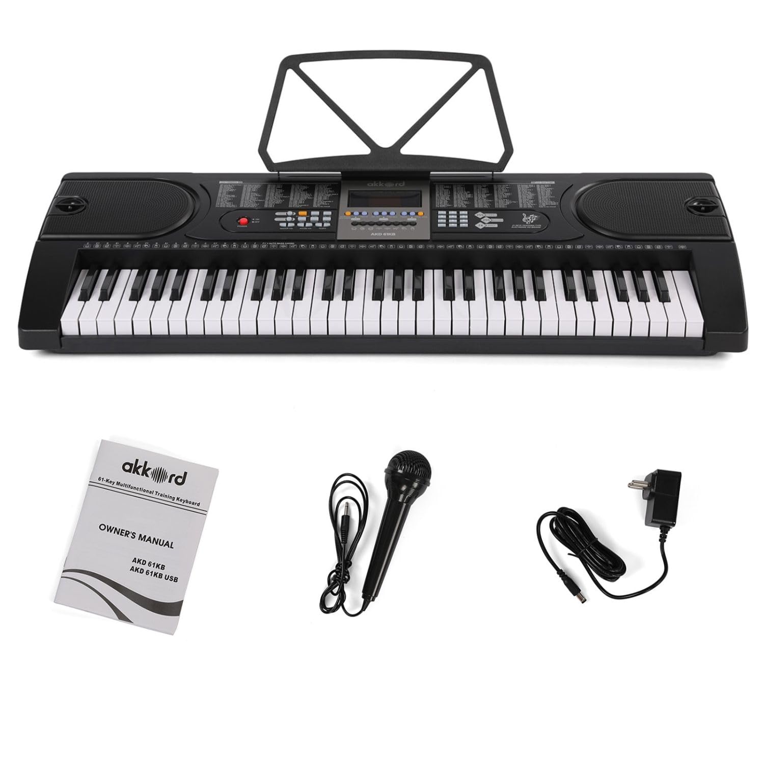 Akkord AKD 61KB 61-Key Octave Electronic Keyboard with adapter- LED Display | Mic |Music Sheet Stand | 255 Rhythms | 255 Timbres