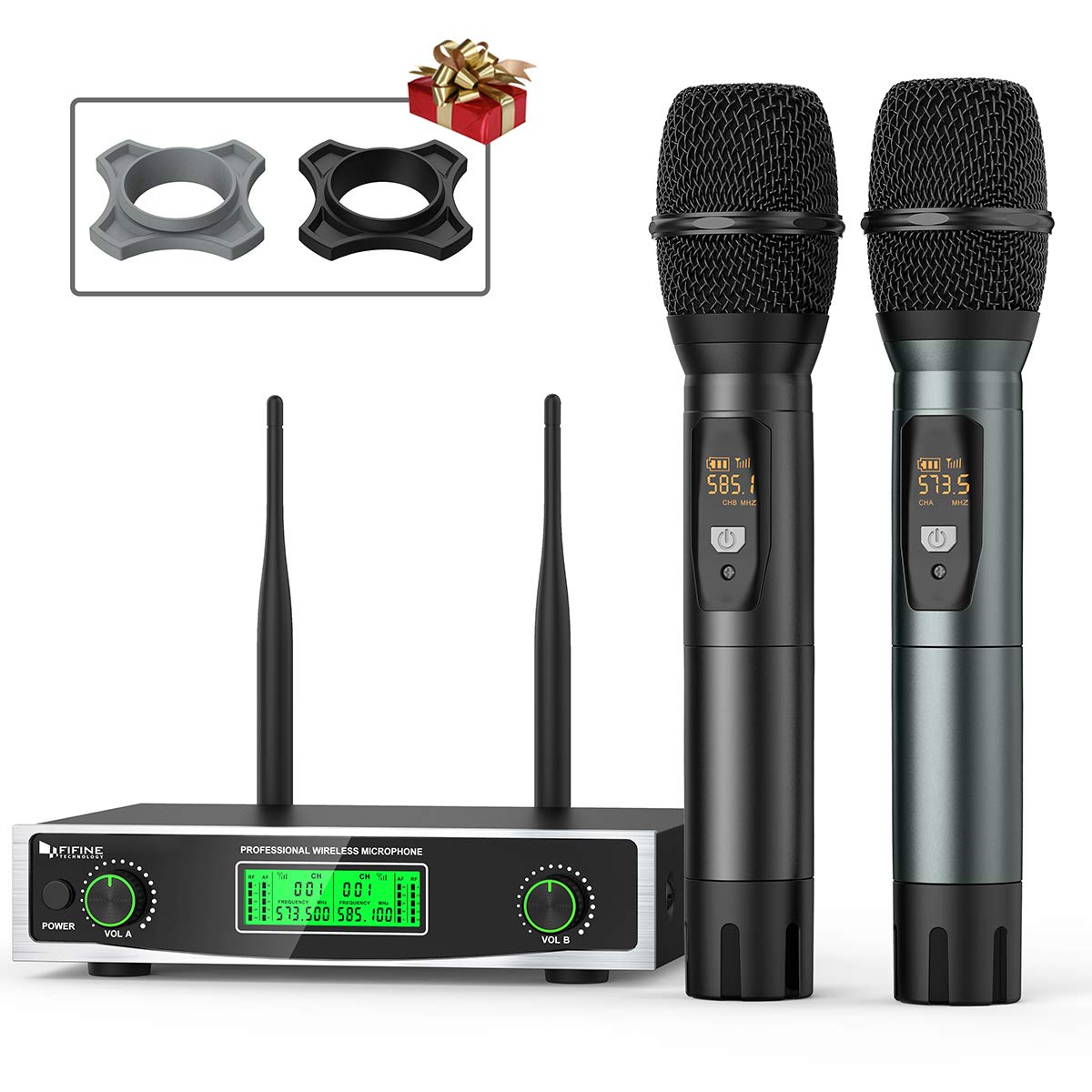 Fifine Wireless Microphone System, Two Handheld Dynamic Cordless Mic And Dual Channel Receiver, 50 Selectable Uhf Frequency For 