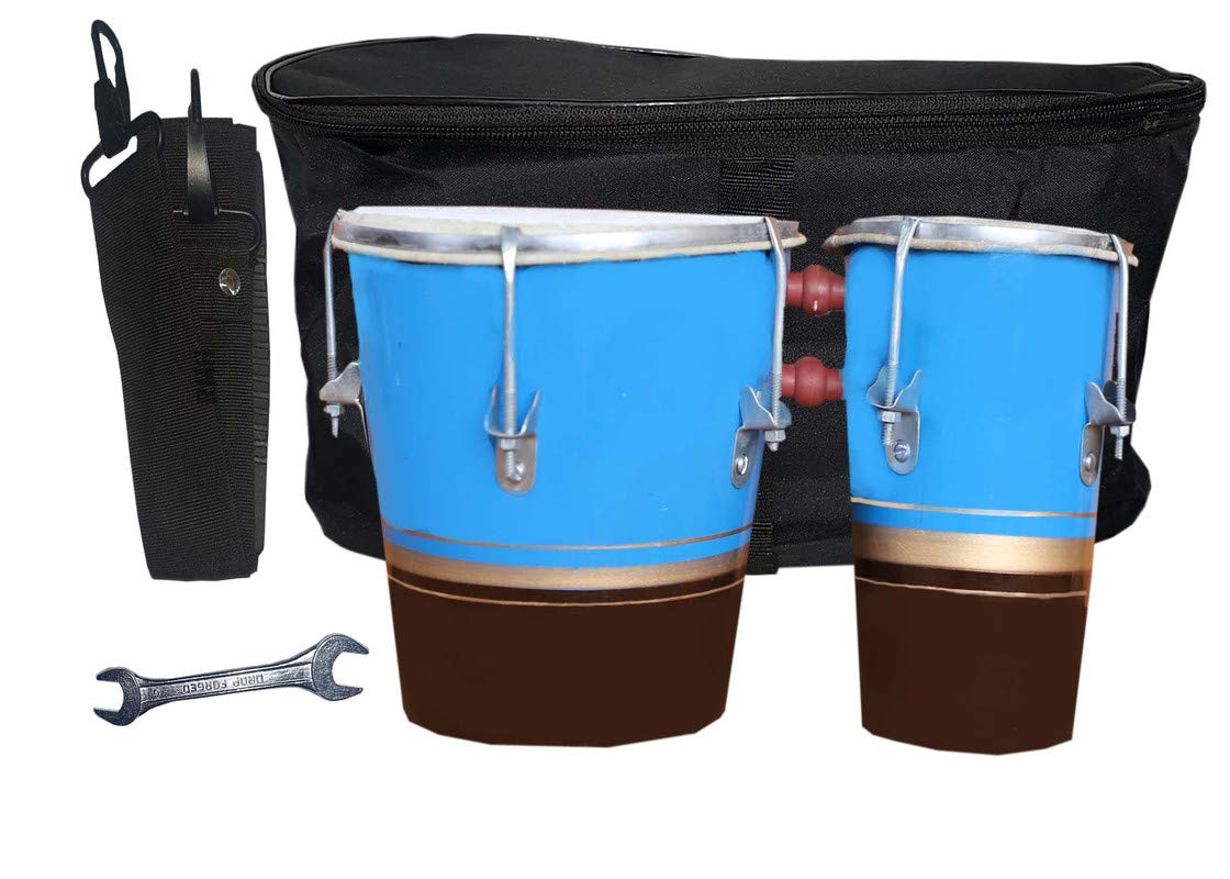 Gt Manufacturers Professional Two Piece Hand Made Wooden Bango Drum Set With Tool Kit Bag (Blue&Brown)