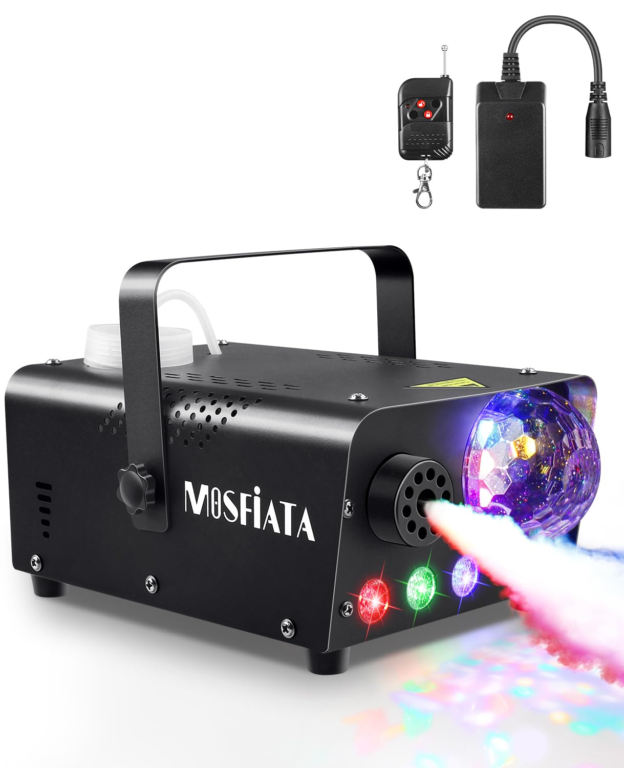 MOSFiATA Fog Machine with Disco Light 600W Smoke Machine RGB LED lights, 2300 CFM Spray, Remote Control, Perfect for Halloween, 
