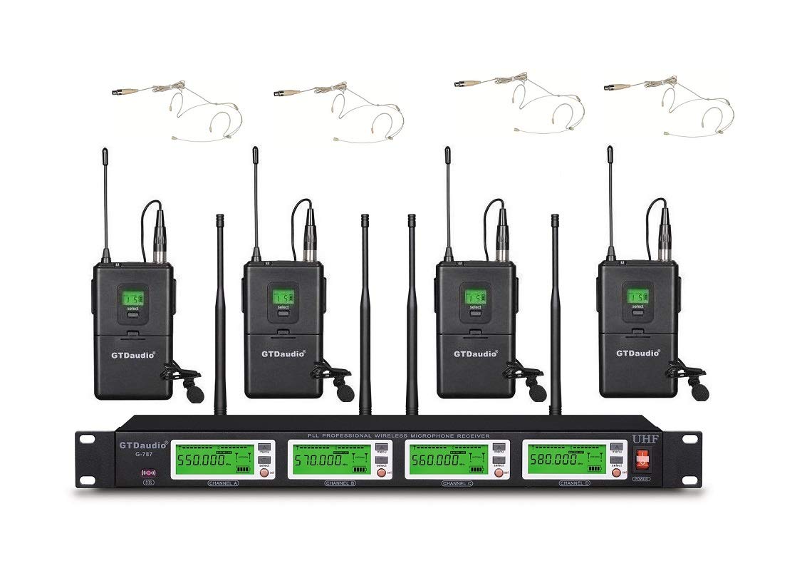 Gtd Audio 4X800 Adjustable Channels Uhf Diversity Wireless Cordless Microphone System With 4 Bodypacks, 4 Beige Headsets & 4 Lap