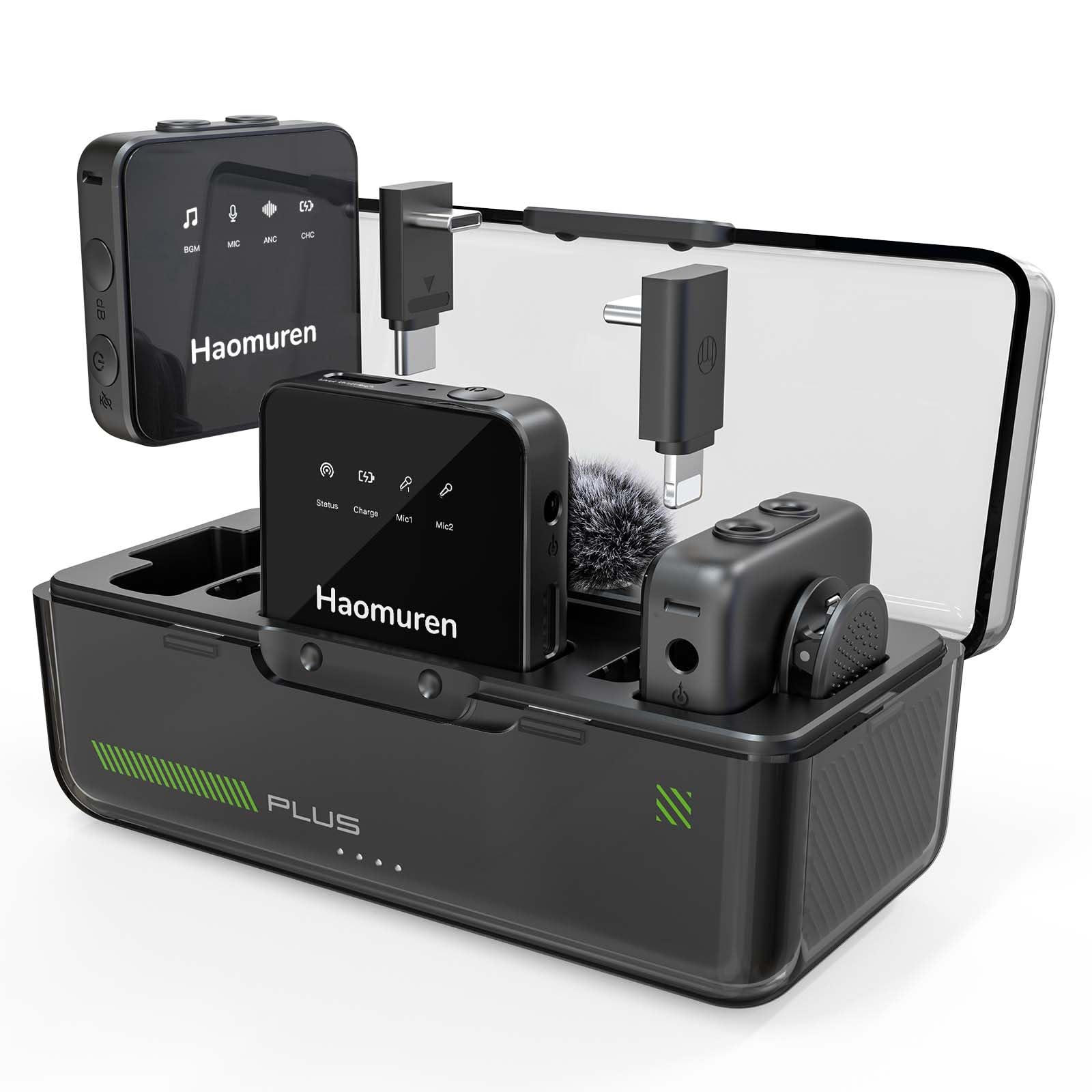 Haomuren Wireless Lavalier Microphone, Dual-TX Mini Lapel Mic for iPhone & Android, Noise Reduction, Compatible with iPad, Table