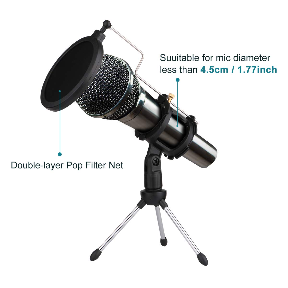 Dreokee Desktop Mic Stand, Microphone Stand Desk Tripod Stand with Shock Mount Portable Mic Holder and Double-Non-slip Feet Net