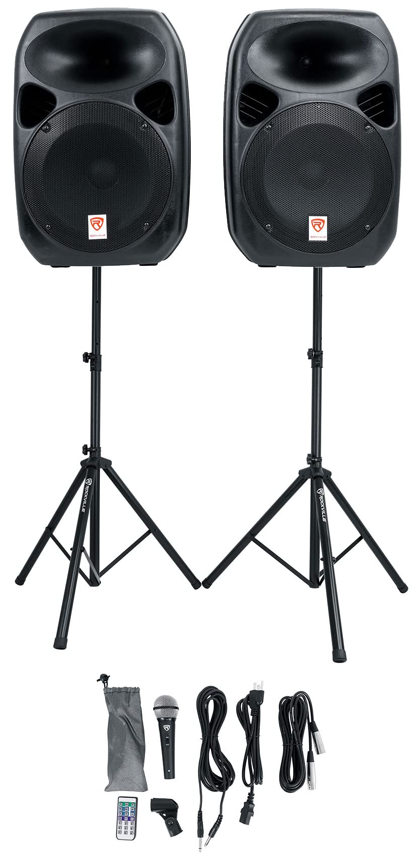 Rockville Rpg122K Dual 12'' Powered Speakers, Bluetooth+Mic+Speaker Stands+Cables