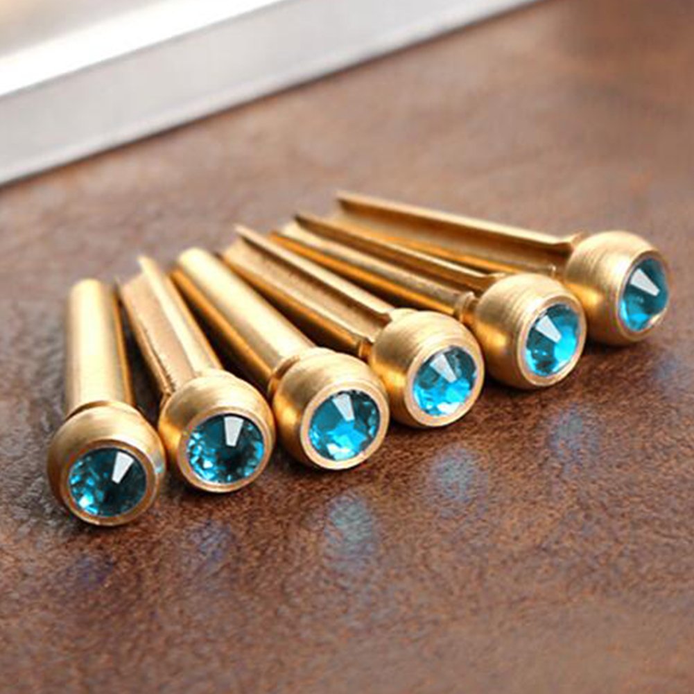 6Pcs Bridge Pin Copper Material Folk Acoustic Guitar Bridge Pin Peg Nail with Colorful Crystal Glass Dot(Sky Blue)