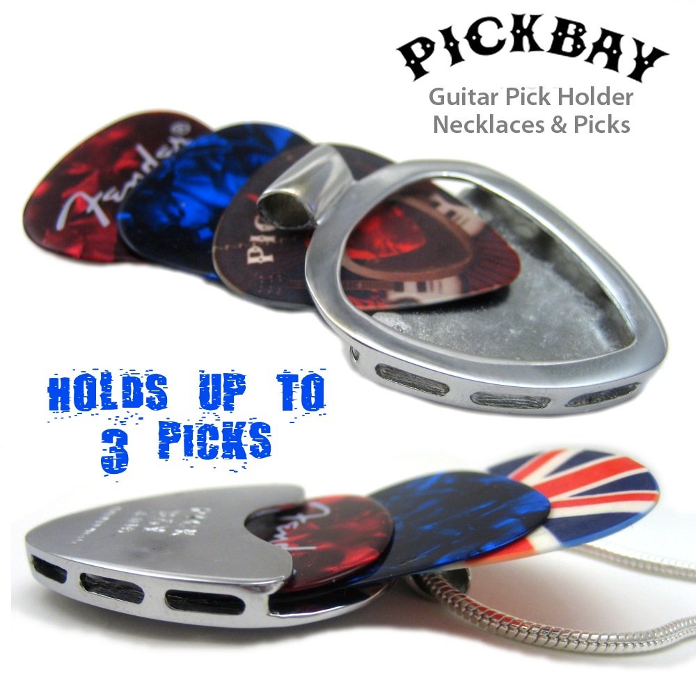 PickBay Guitar Pick Holder Pendant Necklace (CHROME Stainless Steel) & FENDER Guitar Pick Set (Authentic & Original)