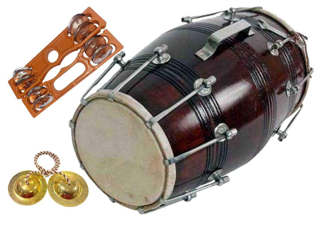 GT manufacture Professinal Mango wood Nut & Bold fitting Dholak with Manjira&Khartal Free(Brown)