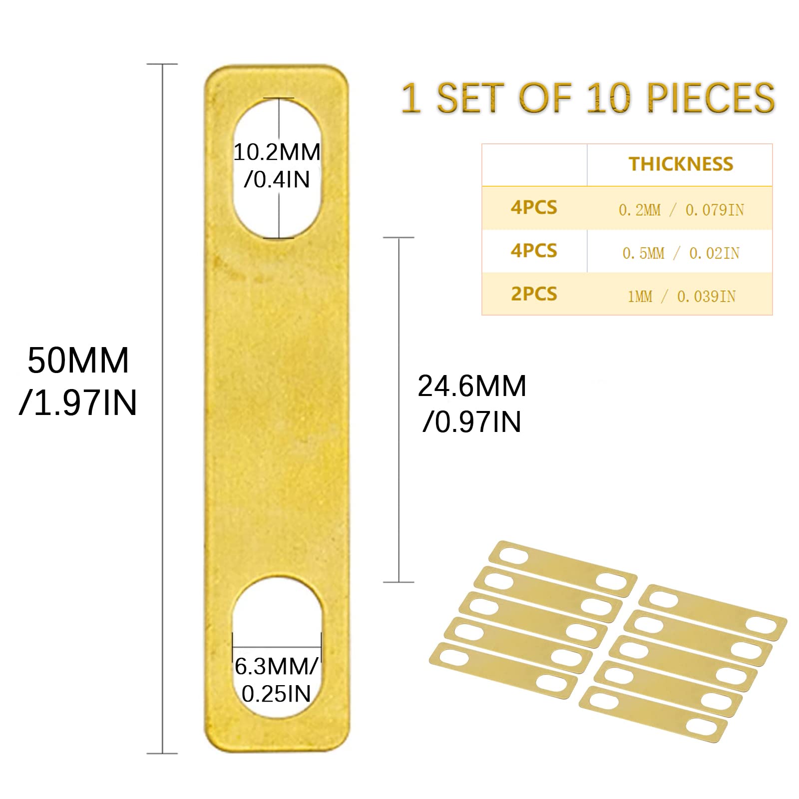 Cheerock 10PCS Guitar Bass Neck Shims, Includes 4Pcs 0.2mm, 4Pcs 0.5mm and 2Pcs 1mm Thickness Brass Shims for Guitar and Bass Bo
