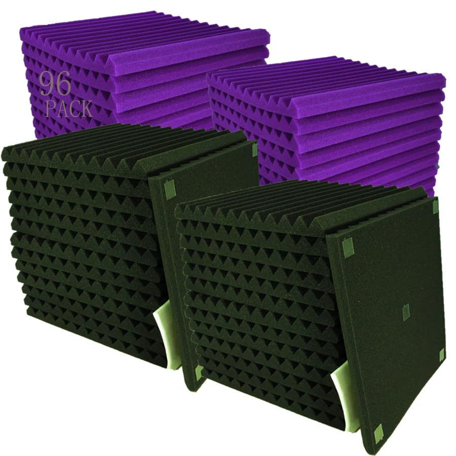 96 Pack Allxinlog Absorb The Echo Acoustic Foam Panel Wedge Studio Soundproofing Wall Tiles 12'' X 12'' X 1'' (48Purple+48Black)