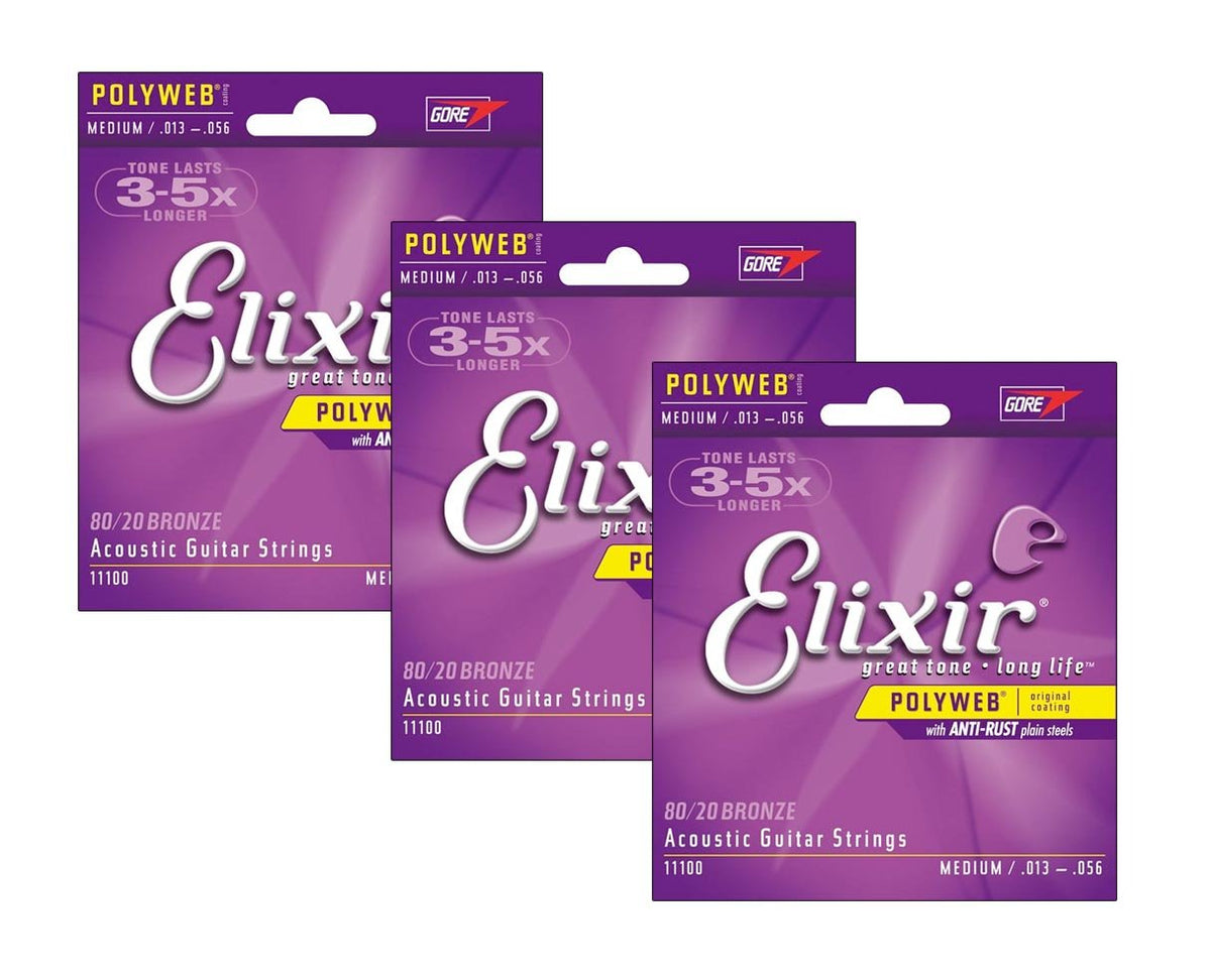 3 Sets Of Elixir Medium Polyweb Acoustic Guitar Strings 13-56
