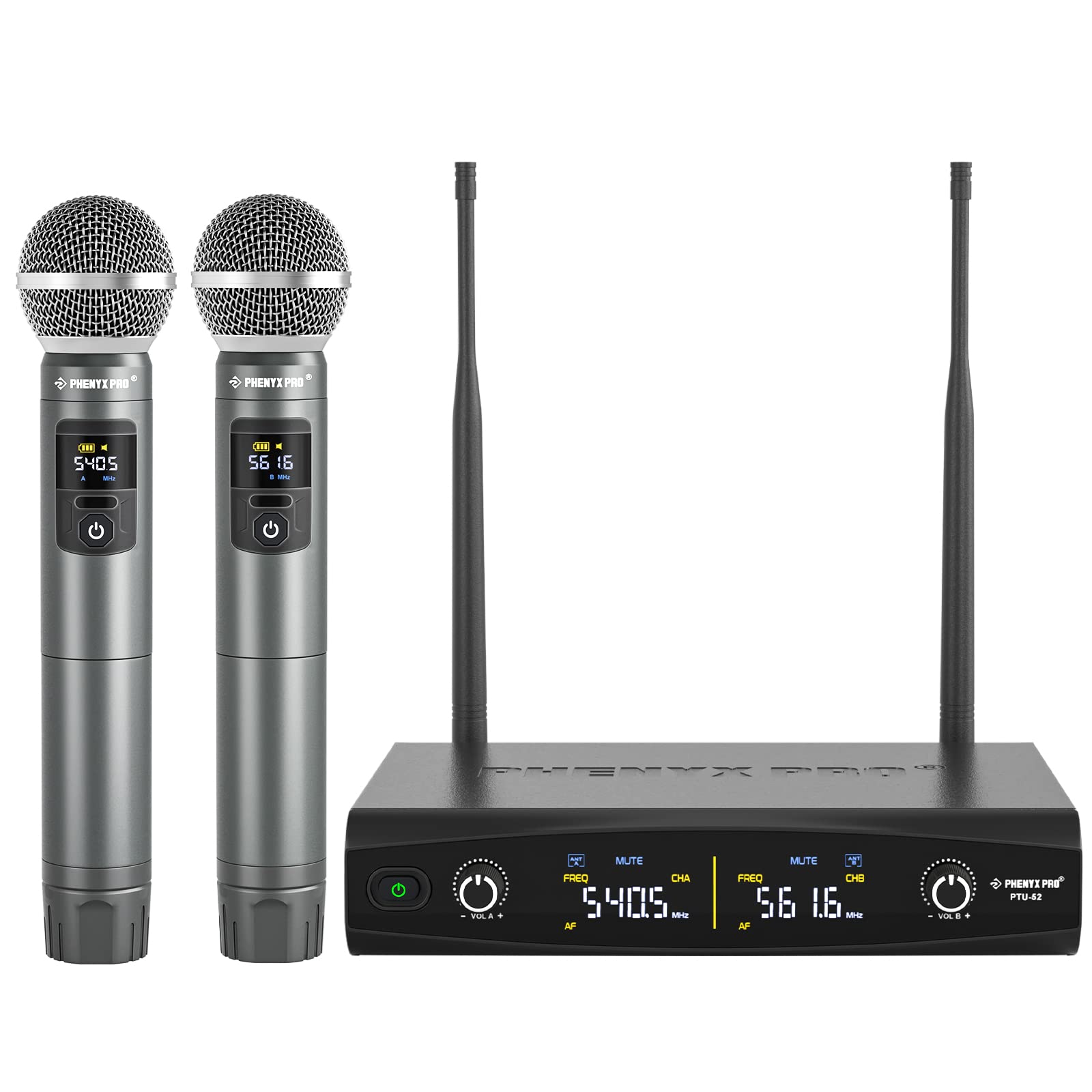 Phenyx Pro Wireless Microphone System, Metal Wireless Mic Set, Handheld Cordless Dynamic Microphones for Singing, Karaoke, Churc