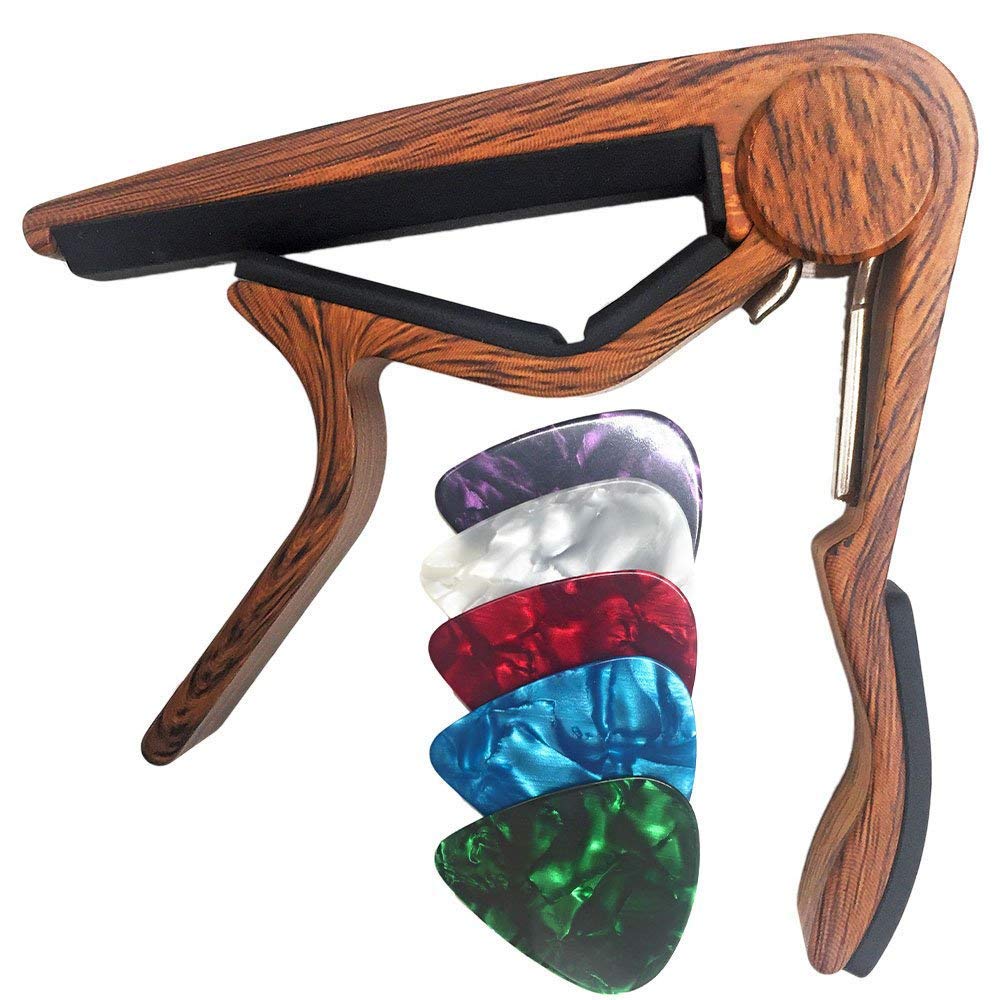 Wingo Classical Flat Guitar Capo For Nylon String Guitars-Rosewood Finish With 5 Picks.