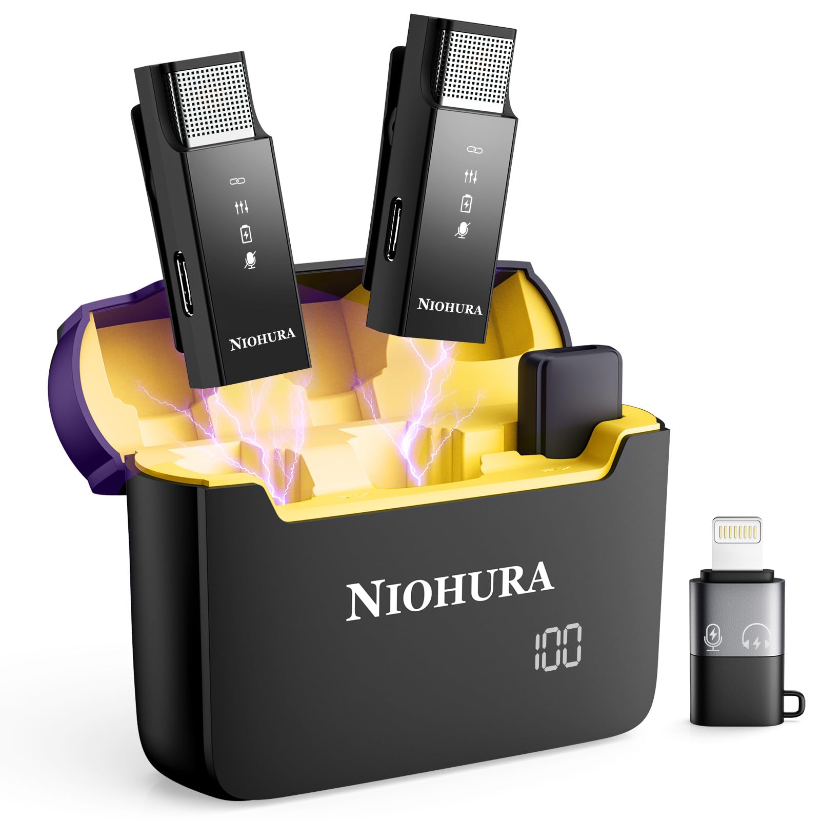 Niohura Dual Wireless Lavalier Microphone for iPhone Android, Noise Cancellation, 30H Battery Life, Charging Case, 66ft Transmis