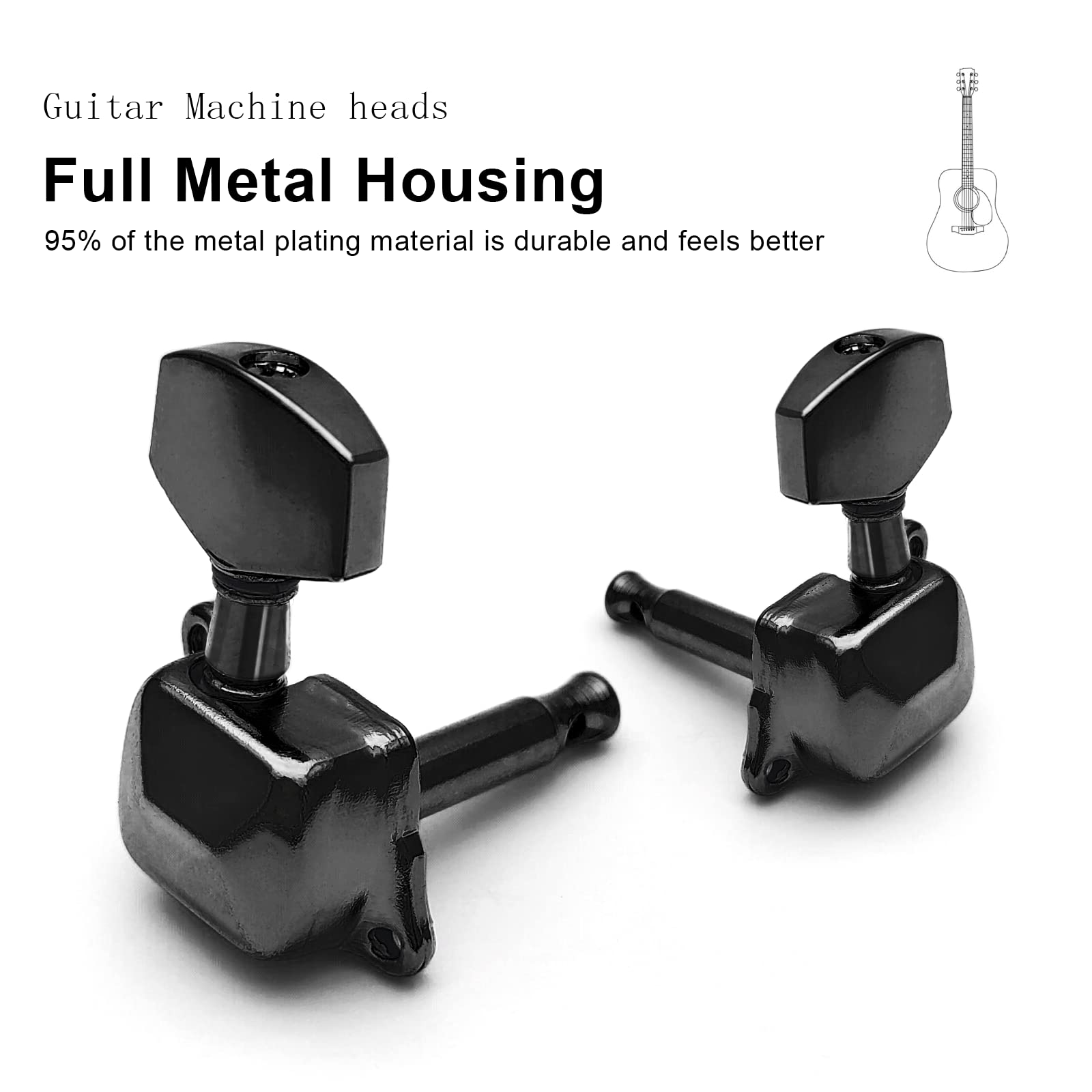 SAPHUE 3+3 Semi-closed Guitar Tuners String Tuning Pegs Keys Machine Heads Set for for Acoustic or Electric Guitar (Black)