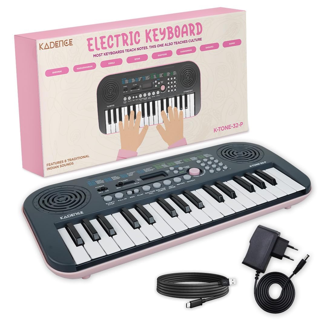 Kadence K-Tone Pink Kids Keyboard-32 Mini Accordion Keys,128 Tones including 15 Realistic Voices & 8 Indian Instruments, 128 Rhy
