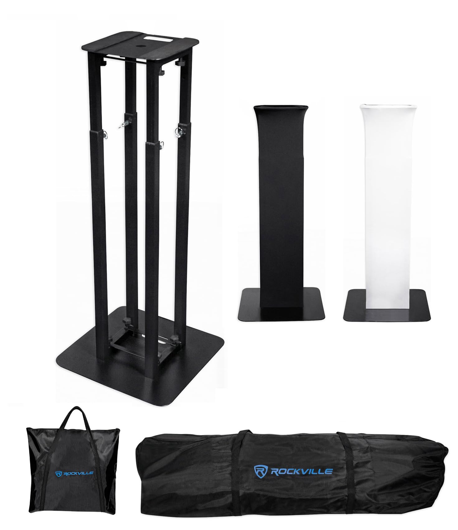 Rockville RTP82B 8 ft Adjustable Black Totem Moving Head Light Stand, Dual Scrims, Travel Bags, Speaker Mount, for DJs and Stage