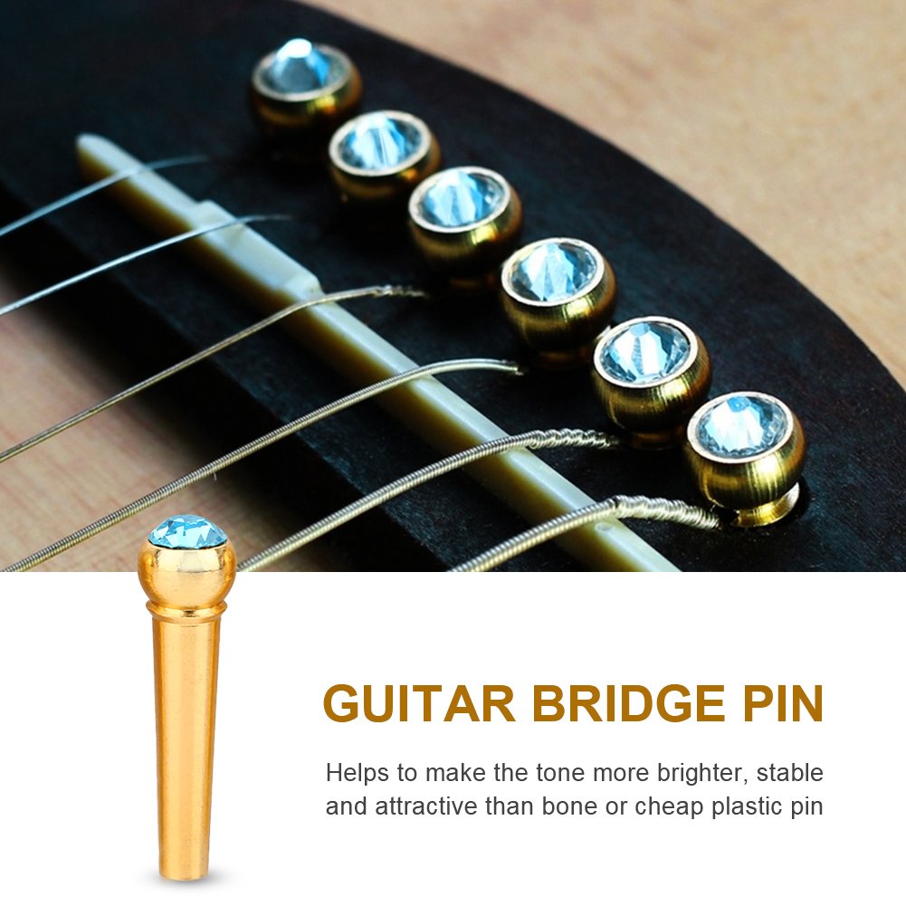 6Pcs Bridge Pin Copper Material Folk Acoustic Guitar Bridge Pin Peg Nail with Colorful Crystal Glass Dot(Sky Blue)