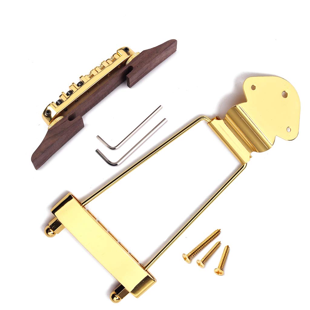 Ogdni 6 String Guitar Trapeze Tailpiece Bridge and Roller Tune-O-Matic Saddle Bridge for Jazz Archtop Guitar Replacement (GolD)