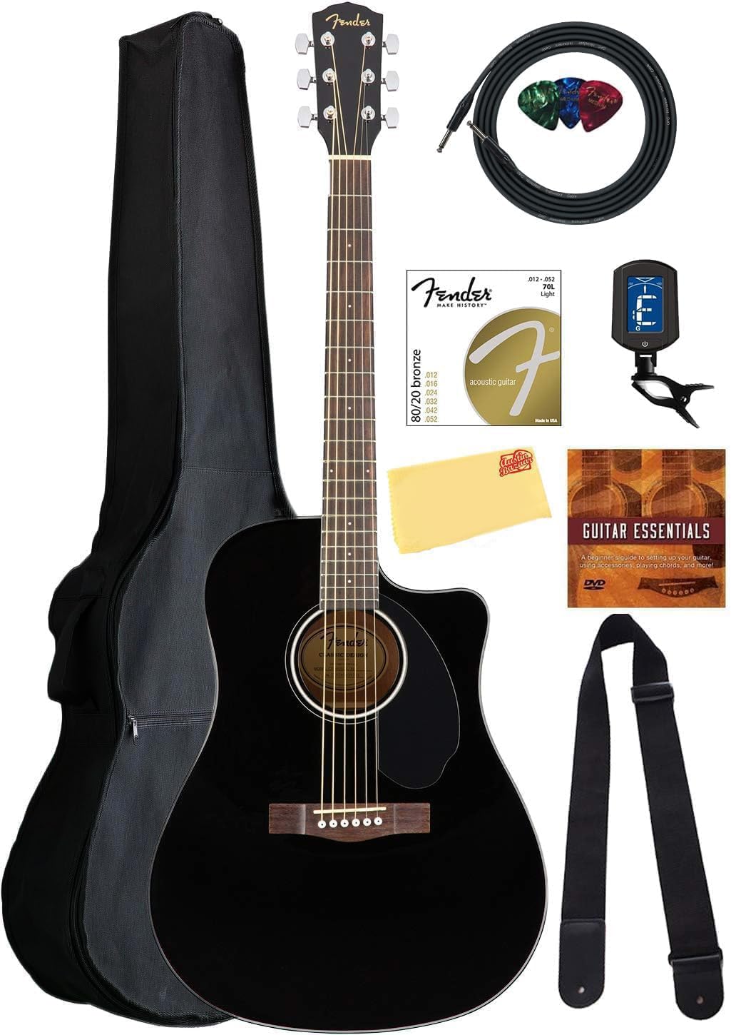 Fender Cd-60Sce Solid Top Dreadnought Acoustic-Electric Guitar - Black Bundle With Gig Bag, Cable, Tuner, Strap, Strings, Picks,