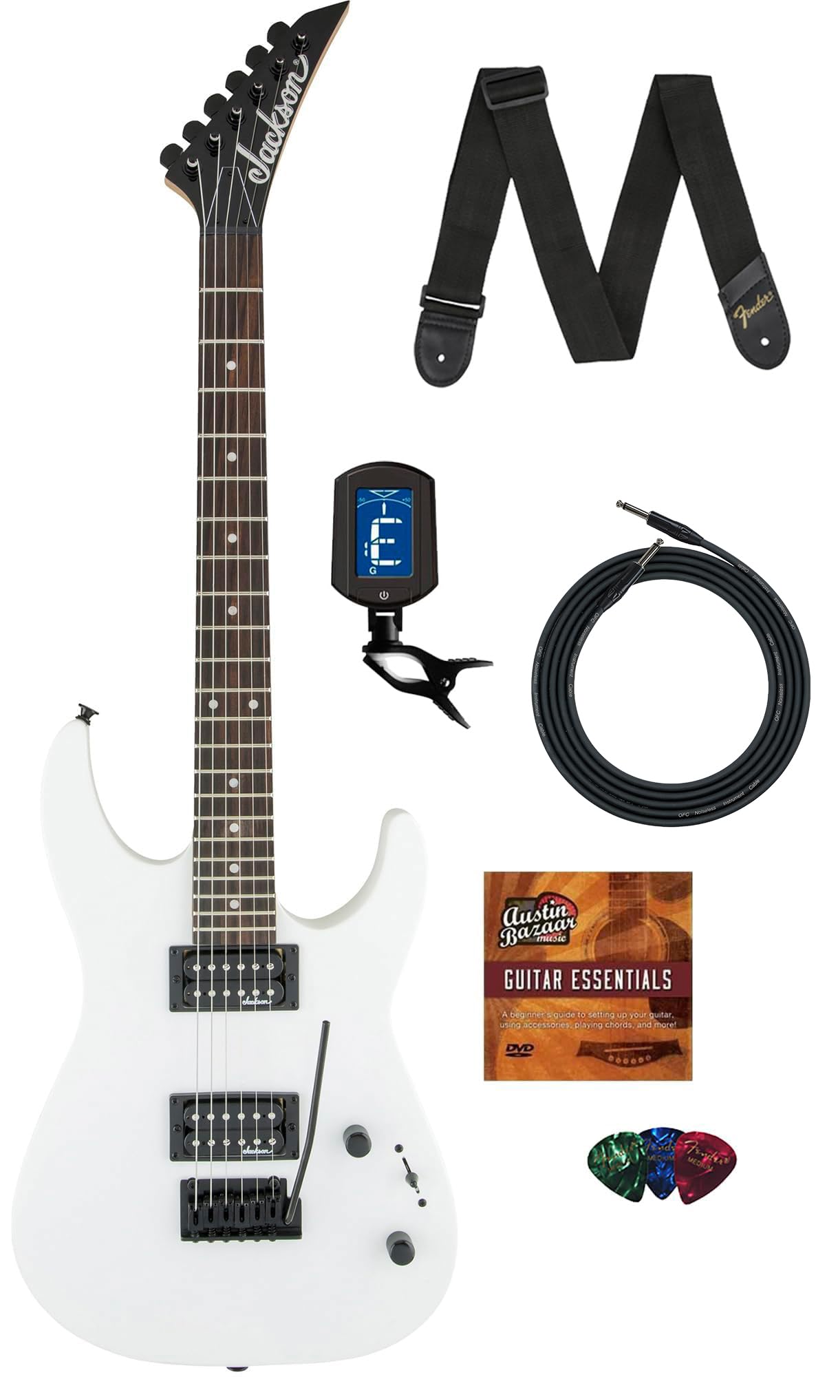 Jackson Dinky Js11 Electric Guitar - Snow White Bundle With Cable, Tuner, Strap, Picks, And Austin Bazaar Instructional Dvd
