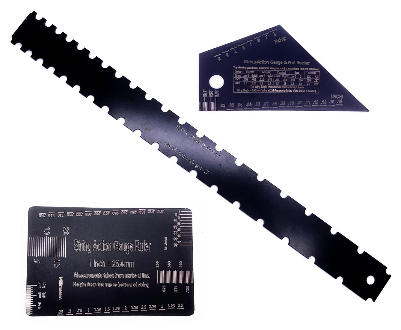 Jiayouy Set Of 3 Pieces Luthier Tools Black Plating Guitar Neck Notched Straight Edge String Action Gauge Ruler Fret Rocker For