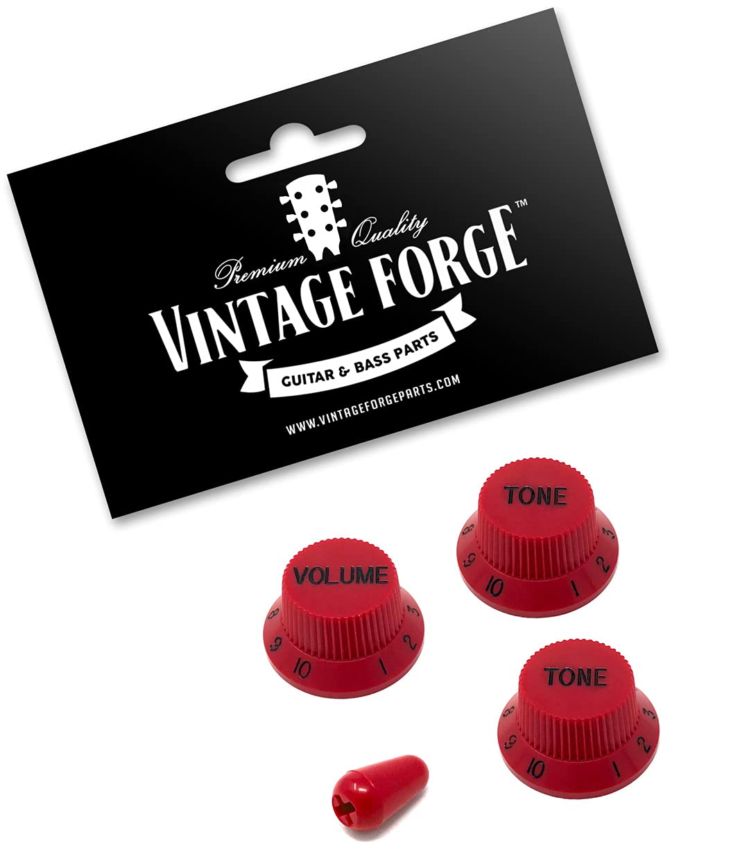 Vintage Forge Red Guitar Control Knobs (1 Volume, 2 Tone, 1 Switch Tip) for Fender Strat Style Electric Guitars Fits USA (Imperi