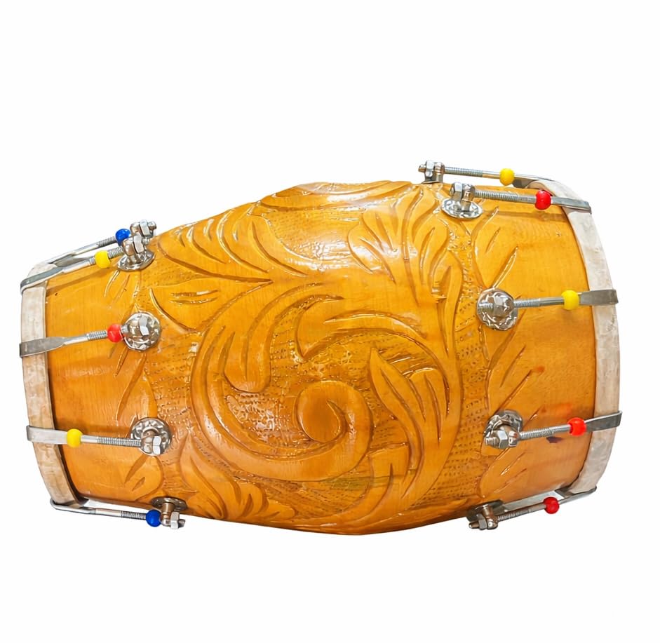 Carving Design Dholak Percussion Indian Music Instrument Folk Bhajan Kirtan Pooja