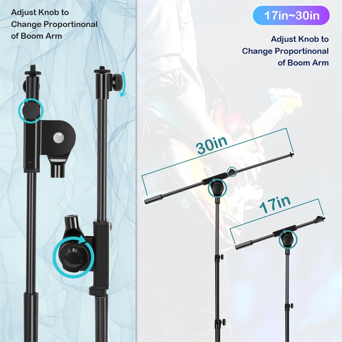 Microphone Stand Floor Standing Foldable Microphone Stand Heavy Duty Tripod Boom Arm with 2 Mic Clips and 3 Cable Clips, Mic Mou