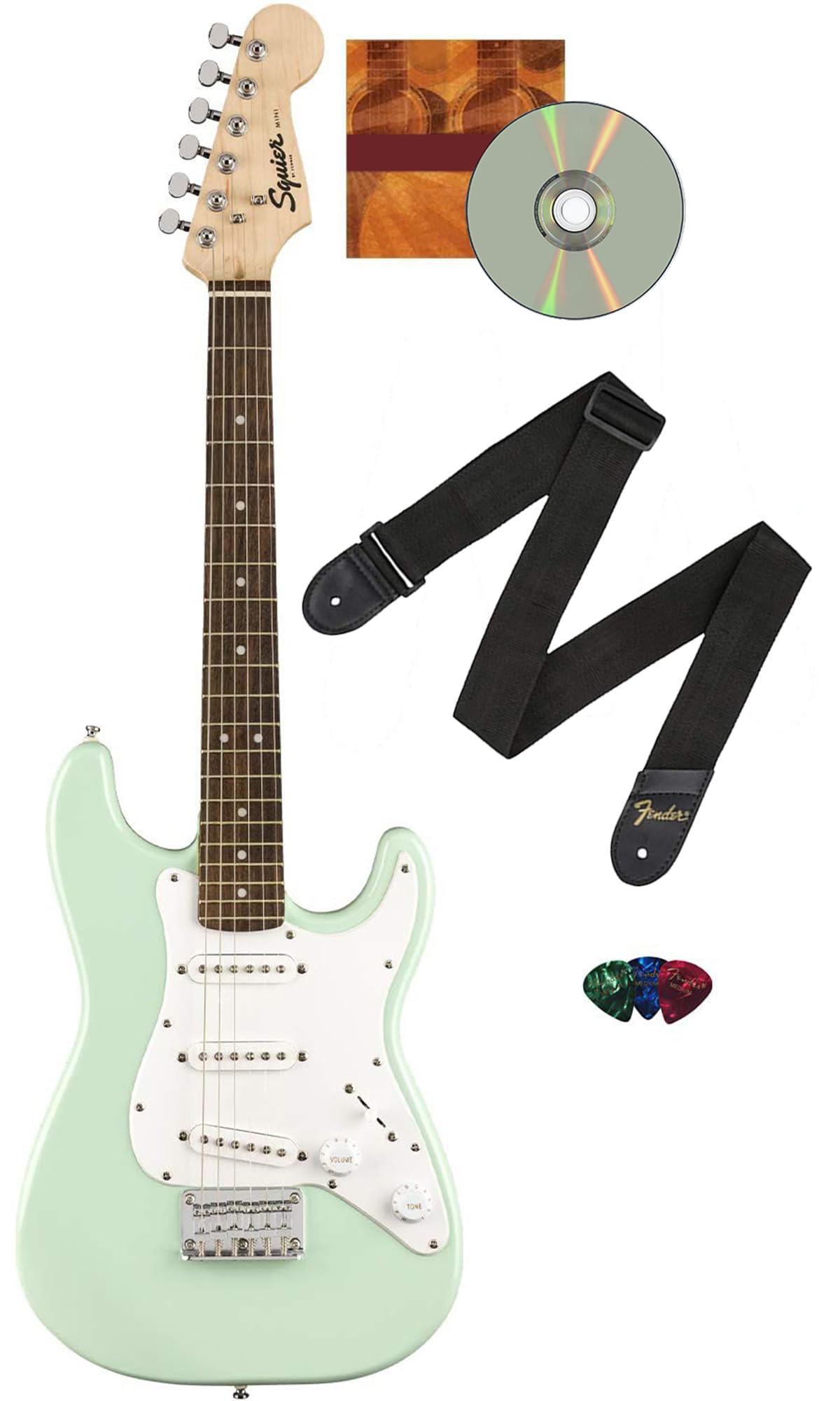 Fender Squier 3/4-Size Kids Mini Strat Electric Guitar - Surf Green Bundle with Strap, Picks, Austin Bazaar Instructional DVD, a